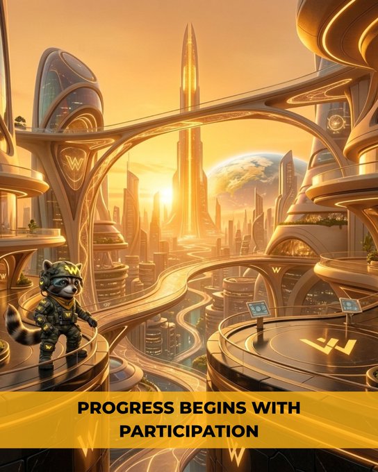 A futuristic golden cityscape at sunset features a raccoon character in a "W" cap standing on a balcony overlooking the skyline with Earth visible in the background. The bottom banner reads "PROGRESS BEGINS WITH PARTICIPATION," reinforcing the post's message about taking the first step in a journey, likely promoting the Warmy blockchain community at buy.warmy.world.