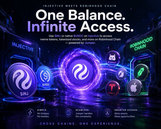 A promotional banner for 'INJECTIVE MEETS ROBINHOOD CHAIN' displays the text 'One Balance. Infinite Access.' alongside coins for $INJ, $USDC, $SCASICAT, $TSLA, and $AAPL.