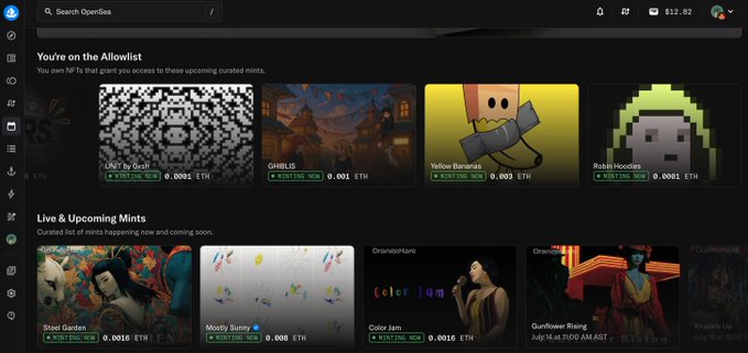 Screenshot of the OpenSea NFT marketplace showing an 'Allowlist' section and 'Live & Upcoming Mints' featuring collections like LNT, GHBLIS, Yellow Bananas, Robin Hoodies, Shoel Garden, Mostly Sunny, and Color Jam.