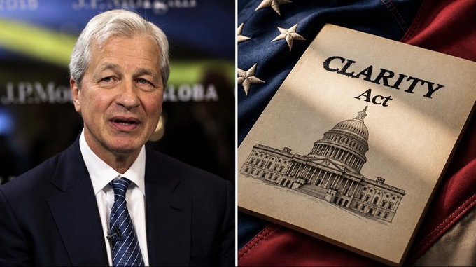 The image is a split composition: on the left, a man in a dark suit and striped tie appears to be speaking at a J.P. Morgan event (with "J.P. Morgan" and "J.P.Mo...GLOBAL" partially visible in the background), and on the right, a document titled "CLARITY Act" rests on an American flag. The image directly illustrates the post's message, visually pairing a JPMorgan executive with the CLARITY Act legislation to emphasize the bank's warning about its potential failure to pass and the resulting delay in institutional crypto adoption.