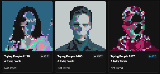 Three pixel-art profile cards are displayed, labeled 'Trying People #1128', 'Trying People #465', and 'Trying People #187', each showing a stylized portrait with varying point values (#291, #532, #97).