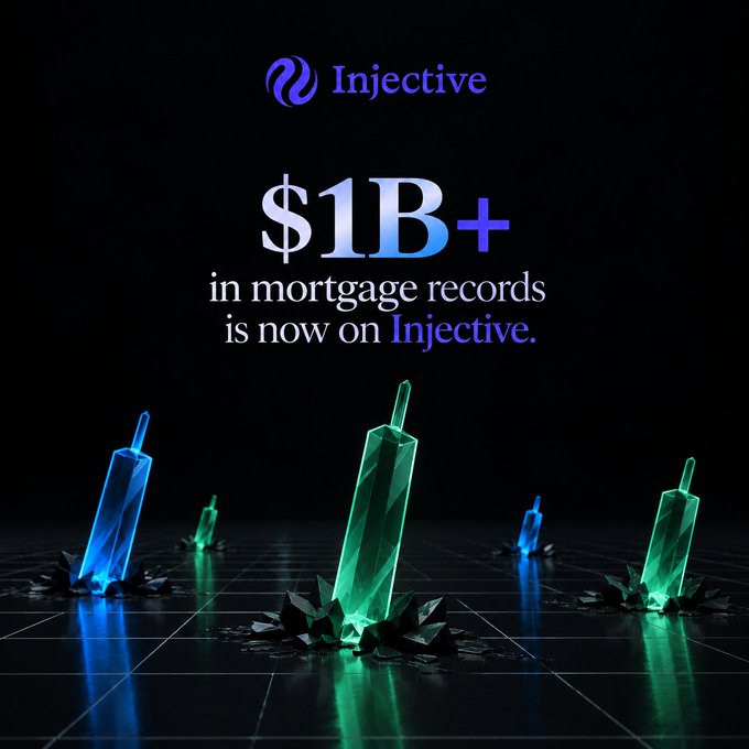 A promotional graphic for Injective blockchain announces '$1B+ in mortgage records is now on Injective,' featuring glowing blue and green crystal obelisks on a dark grid.