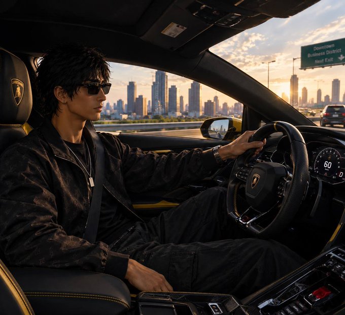 A stylized image of a man wearing sunglasses driving a Lamborghini at sunset, with a city skyline and a highway sign for "Downtown Business District / Next Exit" in the background.