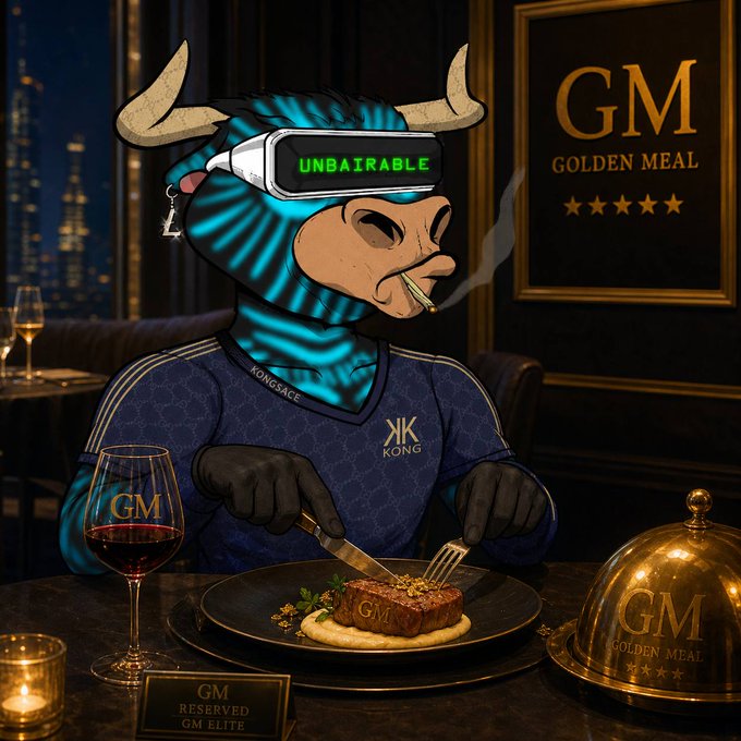 The image depicts a cartoon bull mascot wearing a virtual reality headset displaying "UNBAIRABLE" and a "KONG" jersey, dining at an upscale restaurant with "GM GOLDEN MEAL" signage, cutting into a steak branded "GM" with a cloche service cover and "GM RESERVED GM ELITE" placard. The scene visually parodies the casual "gm ser" (good morning ser) phrase used by GMGN snipers and crypto traders by portraying an elite, luxury "Golden Meal" experience.