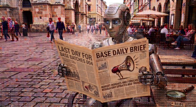 An AI-generated image of a humanoid robot sitting at a cobblestone European plaza, reading a newspaper titled 'BASE DAILY BRIEF' dated 9 September 2028 with the headline 'LAST DAY FOR BASE BATCHES 004'.