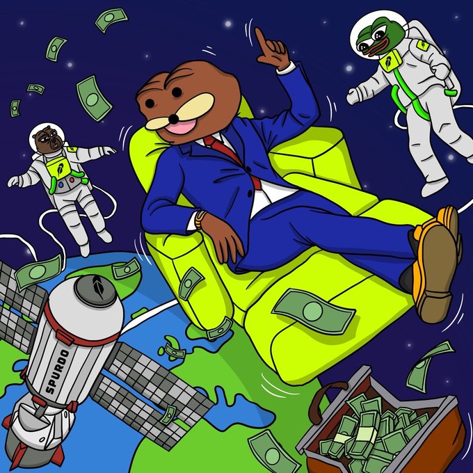 A cartoon bear in a blue suit lounges on a yellow couch floating through space, surrounded by falling money, astronauts in space suits with frog helmets, an Earth satellite labeled "SPUROO," and a briefcase overflowing with cash, illustrating the joke that the affluent "Spurdonians" have left Earth due to inadequate ceiling height for their mansions.