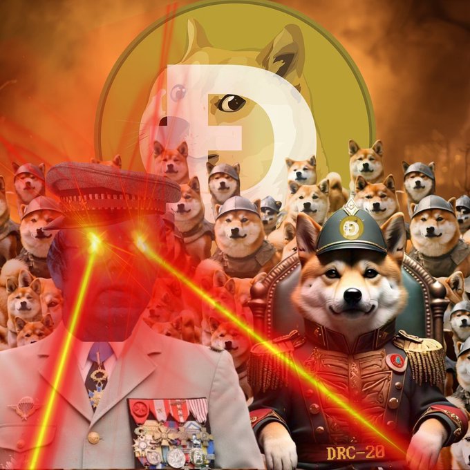A meme-style image featuring an army of Shiba Inu dogs in military uniforms led by a commander, with a Doge logo in the background and a figure with a military hat whose head is emitting red laser beams.