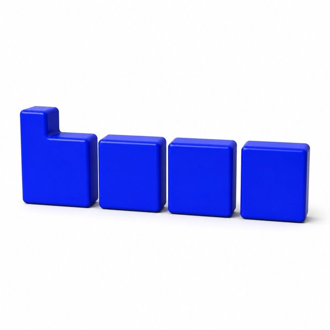 Four blue, block-like 3D shapes arranged in a row on a white surface, with the leftmost block featuring a small step or extension on top.