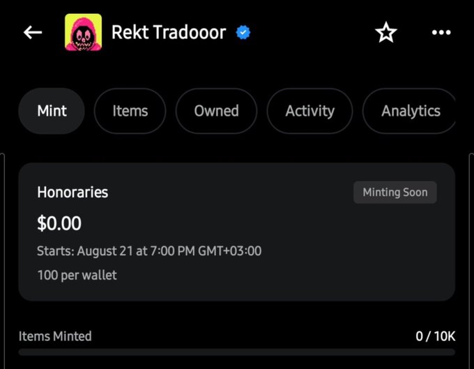 A dark-mode app interface for 'Rekt Tradooor' (verified) showing tabs for Mint, Items, Owned, Activity, and Analytics, with 'Honoraries' listed at $0.00 starting August 21 at 7:00 PM GMT+03:00, 100 per wallet limit, and 0/10K items minted.