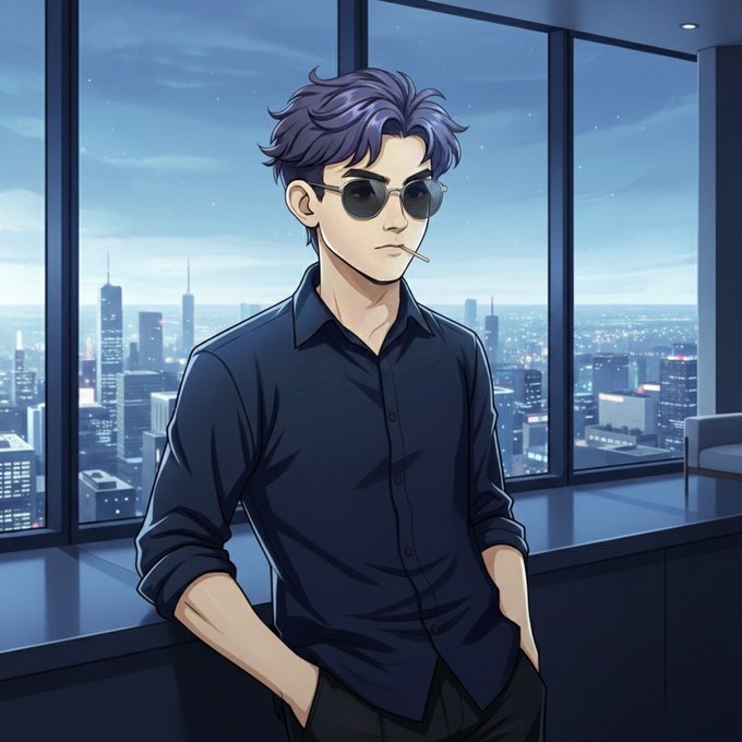 An anime-style illustration shows a young man with purple hair, sunglasses, and a cigarette, wearing a dark blue shirt in front of floor-to-ceiling windows overlooking a city skyline.