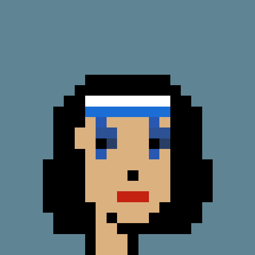 A pixel art portrait of a person with long black hair, blue eyes, and a white and blue headband, wearing red lipstick against a blue background.