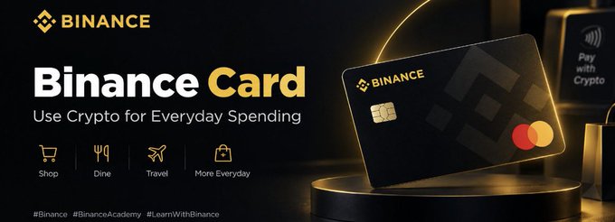 Binance Card promotional banner with text 'Use Crypto for Everyday Spending' alongside icons for Shop, Dine, Travel, and 'More Everyday'.