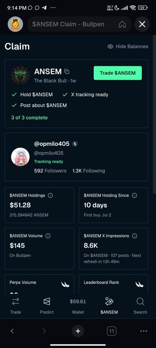 A mobile app screenshot showing a 'Claim' page for '$ANSEM' token, displaying details like '$ANSEM Holdings $51.28', '10 days' holding since, and '592 Followers'.
