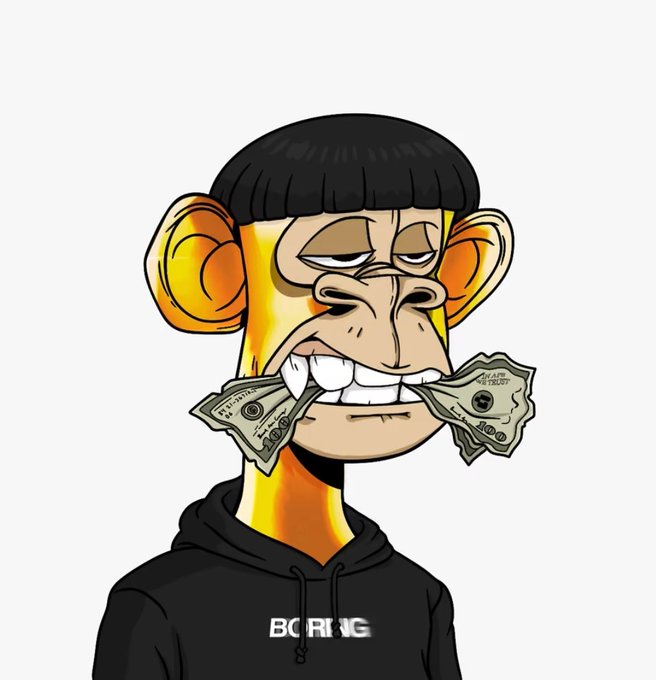 A cartoon illustration of a Bored Ape-style character with orange fur, large ears, and a black hoodie, biting into two dollar bills. The hoodie reads "BORING."