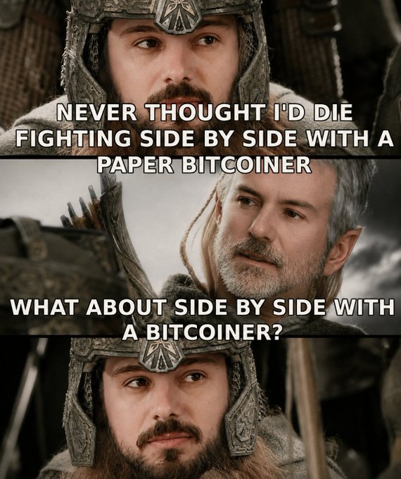 A three-panel meme from "The Lord of the Rings" featuring Éomer and Théoden, with text reading "NEVER THOUGHT I'D DIE FIGHTING SIDE BY SIDE WITH A PAPER BITCOINER," "WHAT ABOUT SIDE BY SIDE WITH A BITCOINER?," and a silent reaction shot. The meme humorously celebrates the user's reply tagging @ODELLXYZ, implying that aligning with a prominent Bitcoiner like Odell makes the partnership worthwhile.