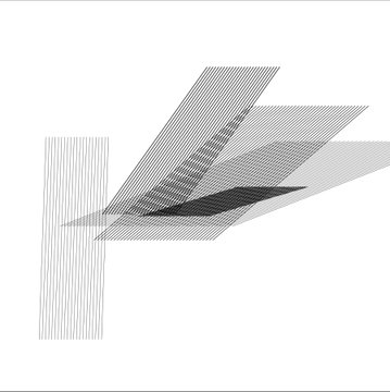 A minimalist geometric artwork featuring overlapping black and gray striped parallelograms and a vertical striped rectangle on a white background.