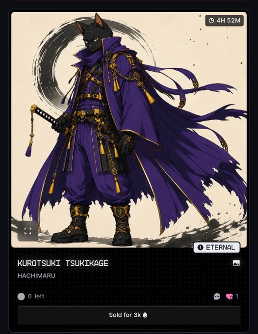 A digital card or NFT featuring an anime-style wolf warrior in purple robes and armor, labeled "KUROTSUKI TSUKIKAGE" and "HACHIMARU" on what appears to be the BONK platform, with "Sold for 3k" displayed.