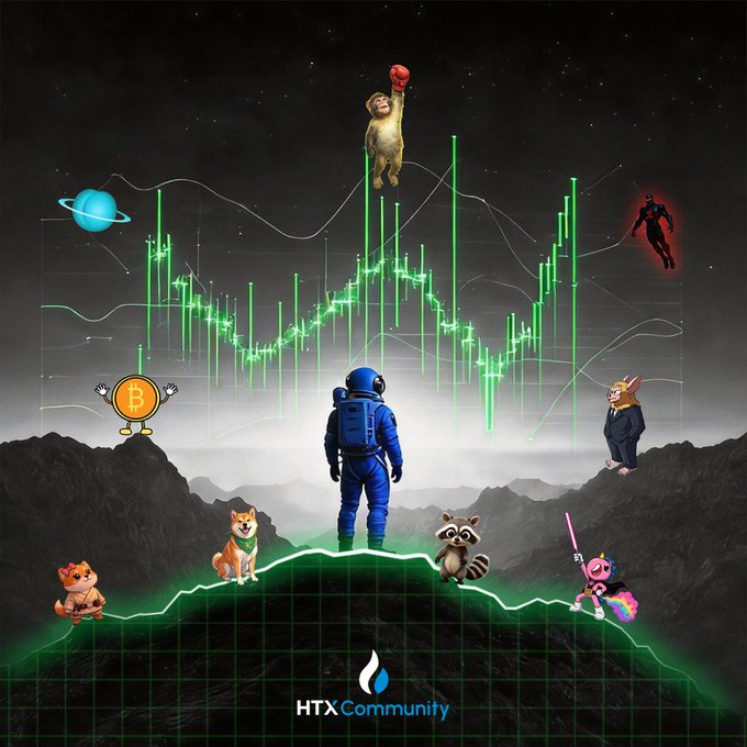 A vibrant digital artwork featuring an astronaut overlooking a green cryptocurrency candlestick chart, surrounded by various mascots (including a cat in a suit and a Shiba Inu), a Bitcoin coin, and planets, branded with the 'HTX Community' logo.