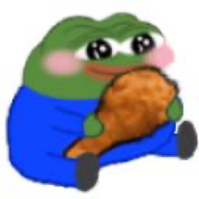 A crudely drawn green frog character wearing a blue outfit, happily hugging a large piece of fried chicken.