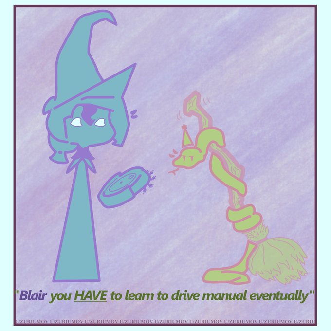 The image features two cartoon characters - one with blue hair wearing a witch hat and holding a broomstick, and another character with green hair using a vacuum cleaner. The caption below the image reads "Blair you Have to learn to drive manualually", which is likely a reference to the meme about AI's impact on our daily lives.