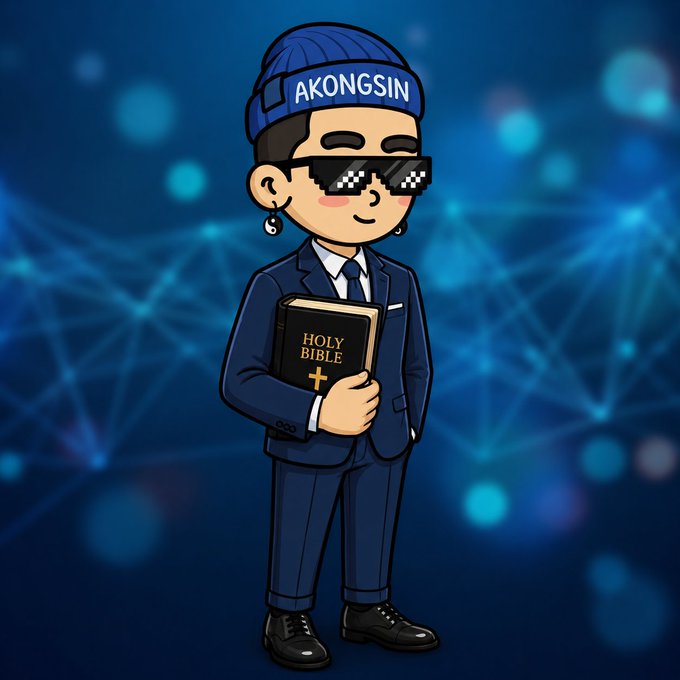 A cartoon avatar of a stylish character wearing pixelated sunglasses, a blue beanie labeled 'AKONGSIN', and a suit, holding a 'HOLY BIBLE' against a blockchain-themed background.