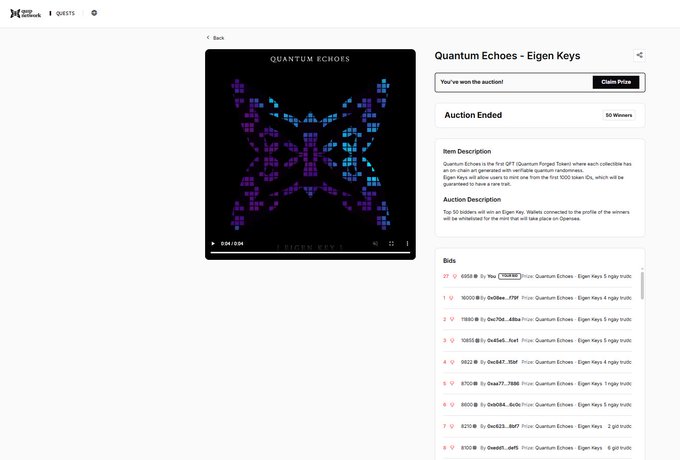 OpenSea NFT auction page for 'Quantum Echoes - Eigen Keys' showing an auction ended with 50 winners, displaying a colorful purple and blue pixelated butterfly design and a bid history.