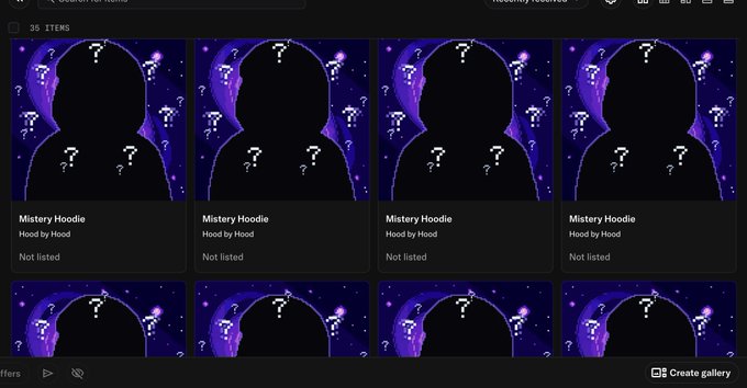 A digital gallery interface showing 35 NFT items, each labeled 'Mistry Hoodie by Hood' with 'Not listed' status, featuring silhouetted figures with question marks on a purple cosmic background.