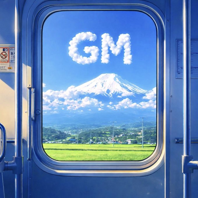A view through a train window showing Mount Fuji, with the letters 'GM' formed by white clouds in the blue sky above the snow-capped peak.