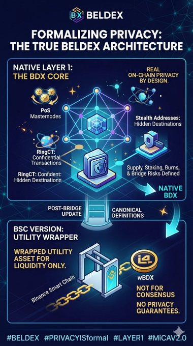 An infographic titled 'FORMALIZING PRIVACY: THE TRUE BELDEX ARCHITECTURE' detailing the BDX Core native layer with privacy features and the BSC version utility wrapper for wBDX.