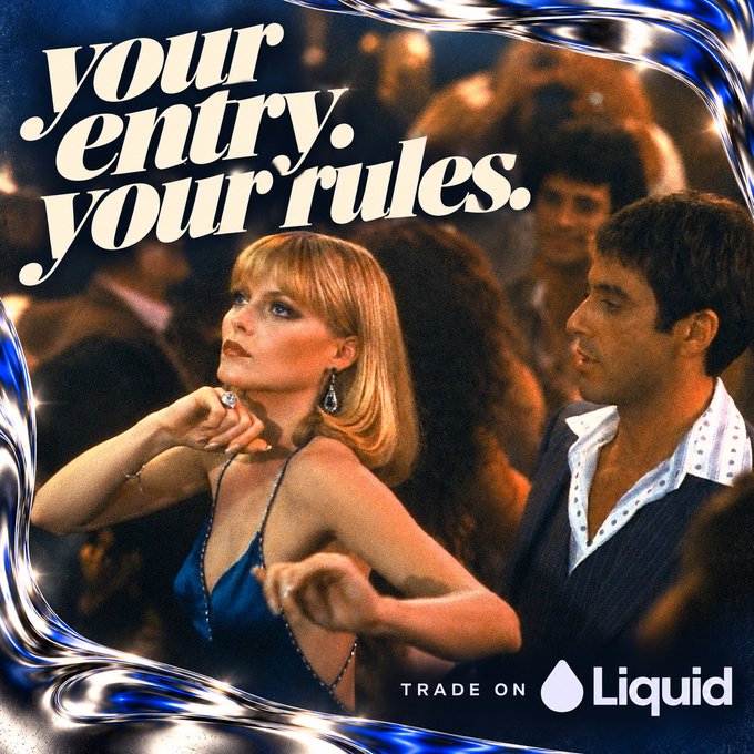 An advertisement featuring a scene from a disco movie with the text 'your entry. your rules.' and 'TRADE ON Liquid' at the bottom.