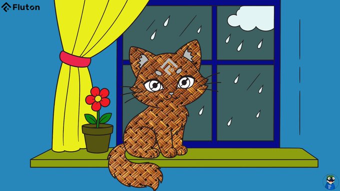 A stylized digital drawing of an orange tabby cat sitting on a windowsill next to a yellow curtain and potted flower, watching rain fall, with 'Fluton' branding in the upper left.