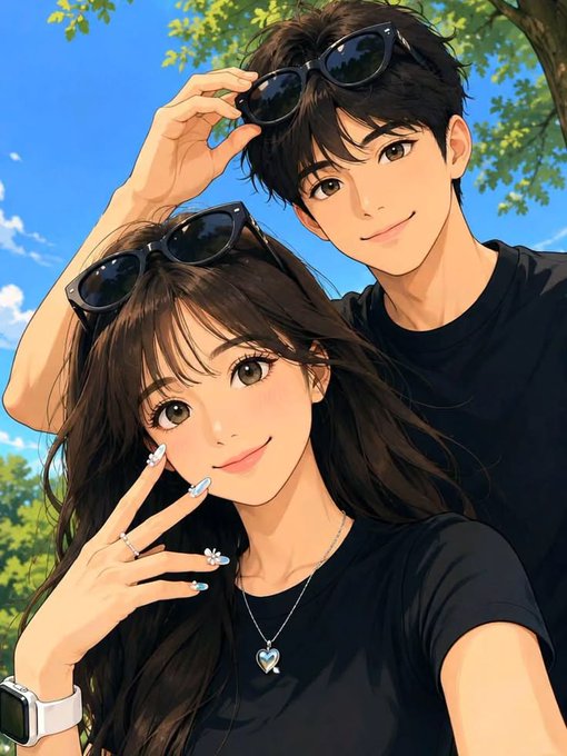 An anime-style illustration depicts a young couple taking a selfie outdoors, with the man wearing sunglasses on his head and the woman displaying decorated nails and a heart necklace.