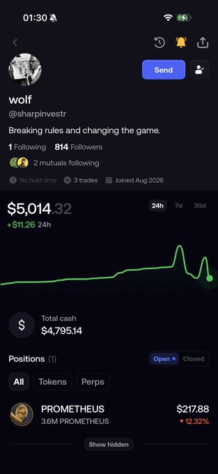 A Robinhood profile screenshot for user 'wolf' (@sharpinvestr) showing a total balance of $5,014.32, total cash of $4,795.14, and a position of 3.6M PROMETHEUS.