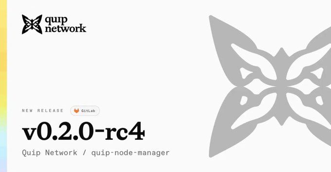 The image features a white background with a gray butterfly graphic at the center. Below the butterfly, there are two lines of text that read "v0.2 0-rc4 Quip Network" and "Quip Network/quip-node manager". The image also includes a small logo for Quip Network on the bottom right corner.