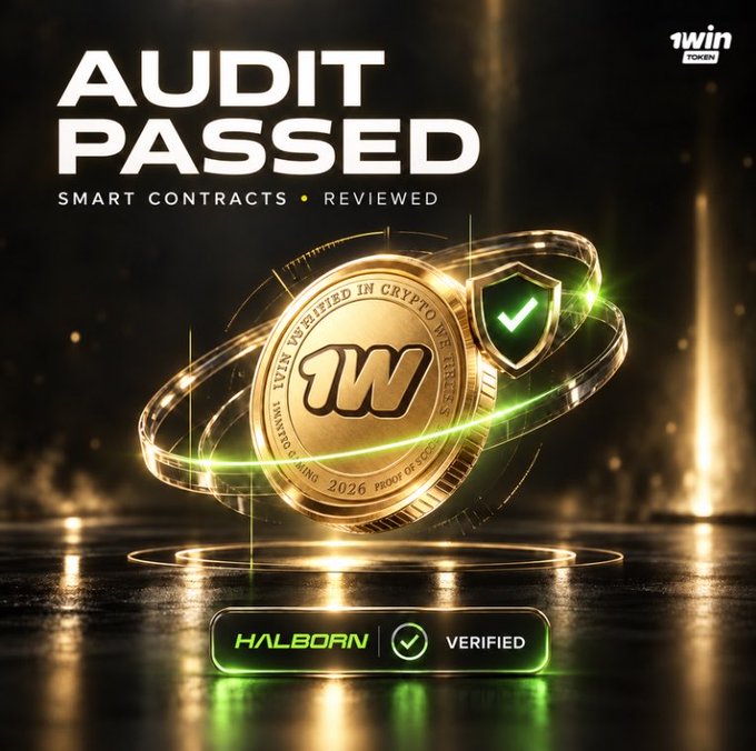 Promotional graphic featuring a gold coin with the 1WIN logo, displaying 'AUDIT PASSED SMART CONTRACTS REVIEWED' and 'HALBORN VERIFIED' text with green accents.