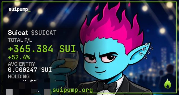 Cryptocurrency promotional image featuring a blue-skinned elf-like character holding a wine glass, with text showing "Suicat $SUICAT TOTAL P/L +365.384 SUI +52.4% AVG ENTRY 0.000247 SUI" from suipump.org.