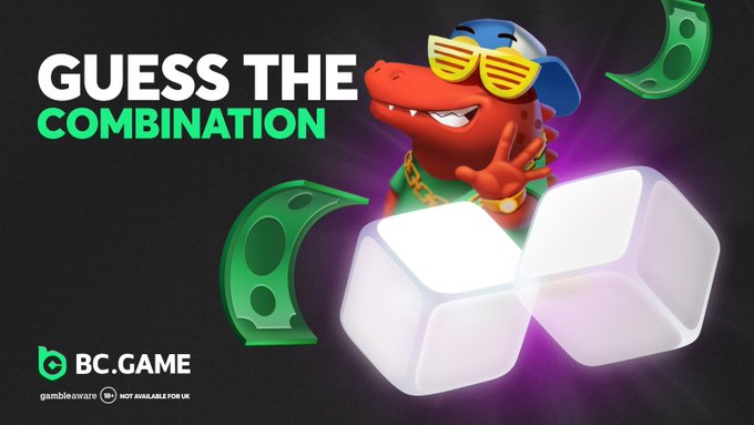 The image features two dice, one red and one white, with a cartoon character wearing sunglasses standing next to them. Below the dice, there's text that reads "Guess The Combination?". The image also includes a green dollar sign and a purple lightning bolt. In the bottom right corner of the image, there is a post from BC Game announcing a guessing game where players have to guess the combination of two dice rolled at once in order to win a jackpot.
