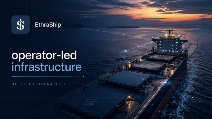 A promotional banner for 'EthraShip' featuring the tagline 'operator-led infrastructure, BUILT BY OPERATORS.' over an image of a large cargo ship at sunset.