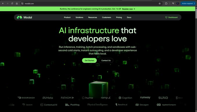 A screenshot of modal.com's homepage advertising 'AI infrastructure that developers love,' highlighting sub-second cold starts and sandboxing, with a green Get Started button and logos for customers like Doordash, Meta, Fathom, and Suno.