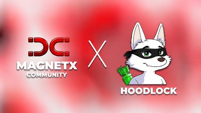 The image displays a collaboration announcement between "MAGNETX COMMUNITY" (with its red "DC" logo) and "HOODLOCK," featuring a cartoon white fox wearing a black mask and holding cash, separated by an "X" symbol on a red blurred background.