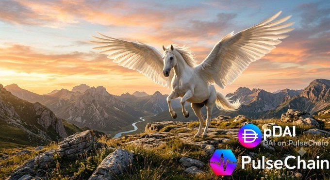 A promotional image featuring a white winged horse (Pegasus) standing on a rocky mountain landscape, with logos for DAI on PulseChain.