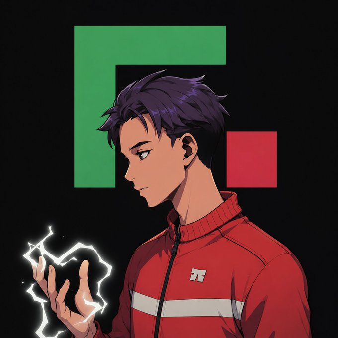An anime-style illustration of a dark-haired male character in a red tracksuit jacket holding crackling white lightning/energy in his hand, set against a black background with a green 'F' logo.
