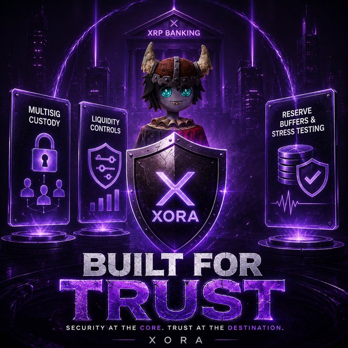 A purple-themed promotional graphic for 'XORA' featuring a horned character behind a shield with the X/XORA logo, alongside three holographic panels labeled 'MULTISIG CUSTODY', 'LIQUIDITY CONTROLS', and 'RESERVE BUFFERS & STRESS TESTING', with text 'BUILT FOR TRUST — SECURITY AT THE CORE. TRUST AT THE DESTINATION.'