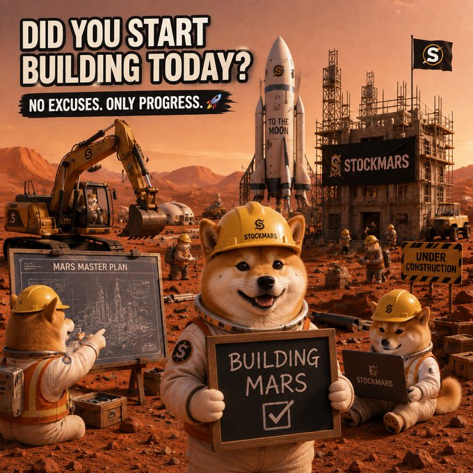 A vibrant 'StockMars' themed image featuring Shiba Inu dogs in construction gear on Mars, with text reading 'DID YOU START BUILDING TODAY? NO EXCUSES. ONLY PROGRESS.' and 'BUILDING MARS'.