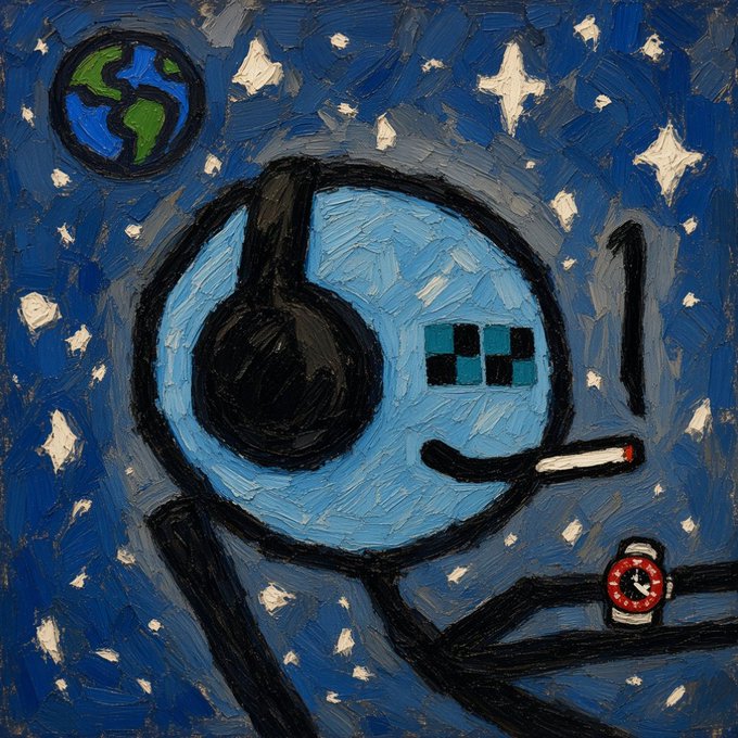 A painted blue figure with an oversized head holds a cigarette and a small clock, with a stylized Earth and checkered pattern against a starry night sky.