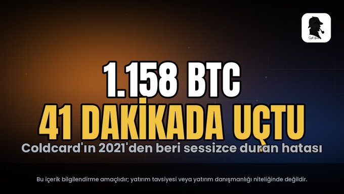 This image highlights that "1.158 BTC" (approximately $70 million) was lost in "41 DAKIKADA" (41 minutes) due to a "Coldcard'ın 2021'den beri sessizce duran hatası" (Coldcard's silent flaw since 2021). The accompanying text confirms the loss of 1,082 BTC from 1,196 wallets within a 41-minute window, related to a vulnerability in Coldcard devices.