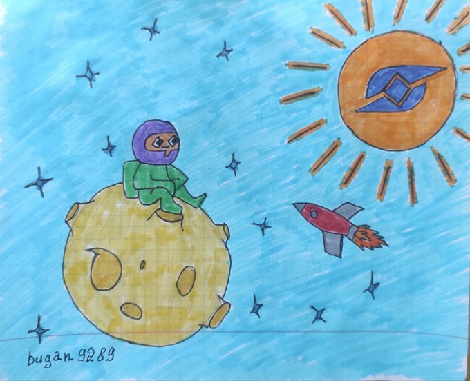 A hand-drawn illustration shows a green-suited astronaut sitting on a moon beside a rocket, with a sun bearing a blue logo in the corner and the signature "bugan 9289," visually symbolizing DlicomApp's cosmic growth journey toward a sun-like vibrant ecosystem.