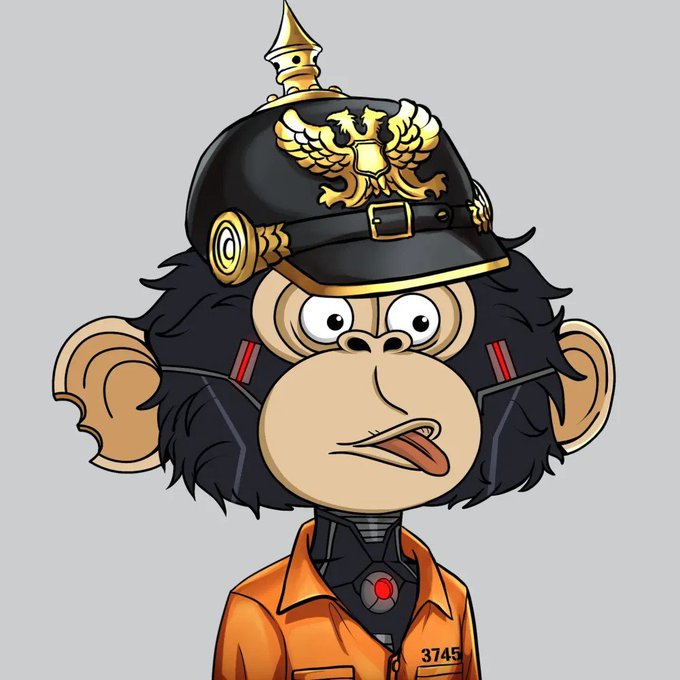 An illustration of a cartoon chimpanzee/monkey wearing a German-style pickelhaube helmet and an orange prison jumpsuit labeled '3745'.