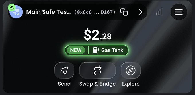 A crypto wallet app showing a balance of $2.28 with options to Send, Swap & Bridge, and Explore.