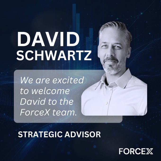 A promotional graphic featuring a headshot of David Schwartz in a light-colored shirt, set against a dark blue background with abstract data and chart graphics. The text announces him as a new "Strategic Advisor" to ForceX, with the message "We are excited to welcome David to the ForceX team."
